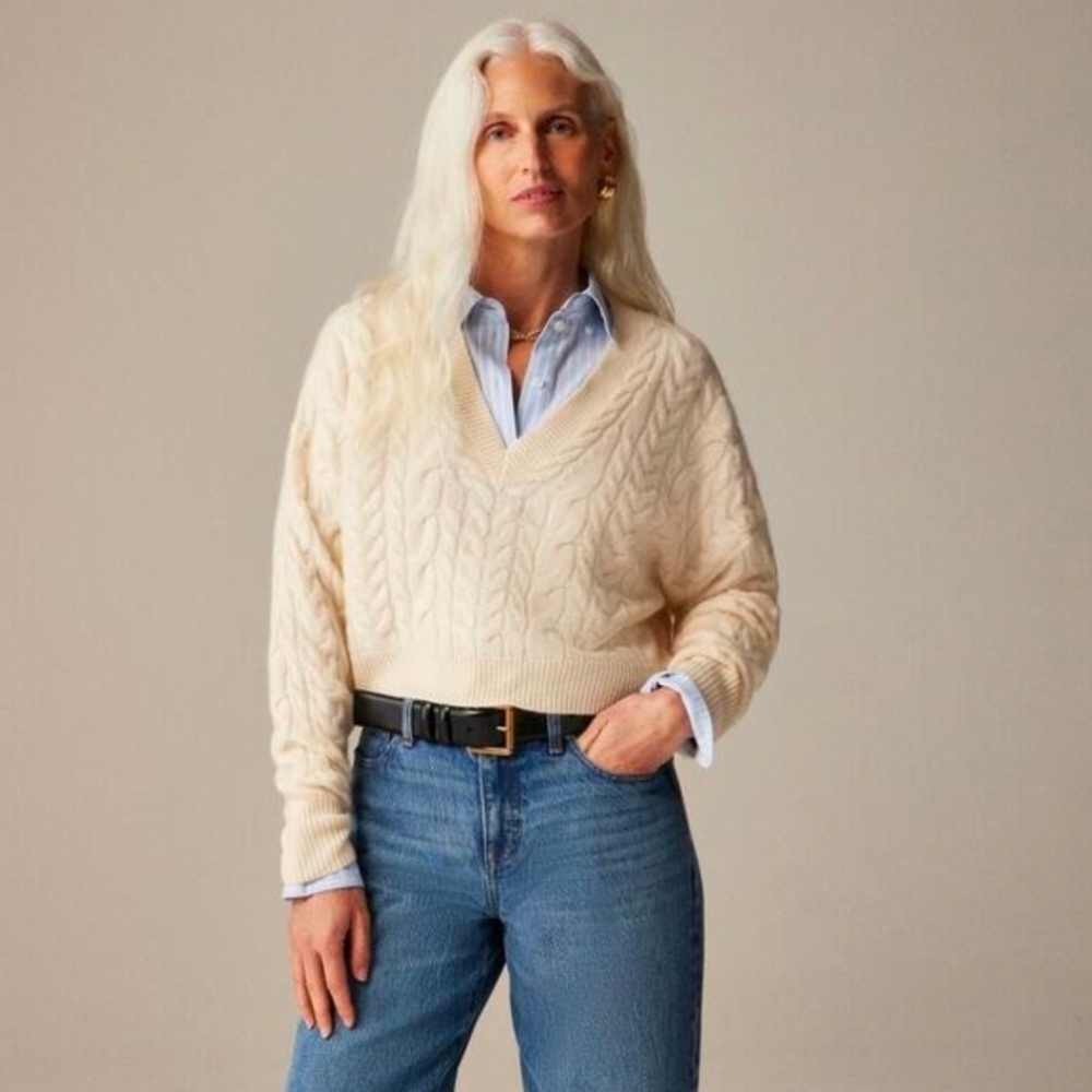 New! J. Crew Cashmere Cropped Cable Knit V-Neck Sweater Xl